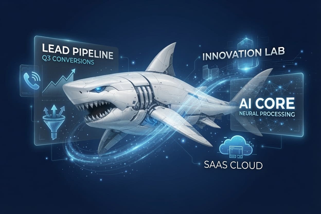 MooFoo Ventures AI-powered performance marketing system, visualized as a robotic shark processing leads